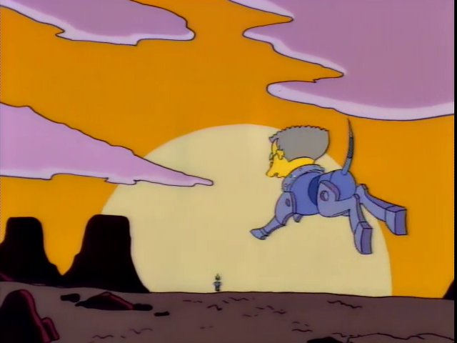 Smithers with a small robotic dog body hopping off into the sunset.