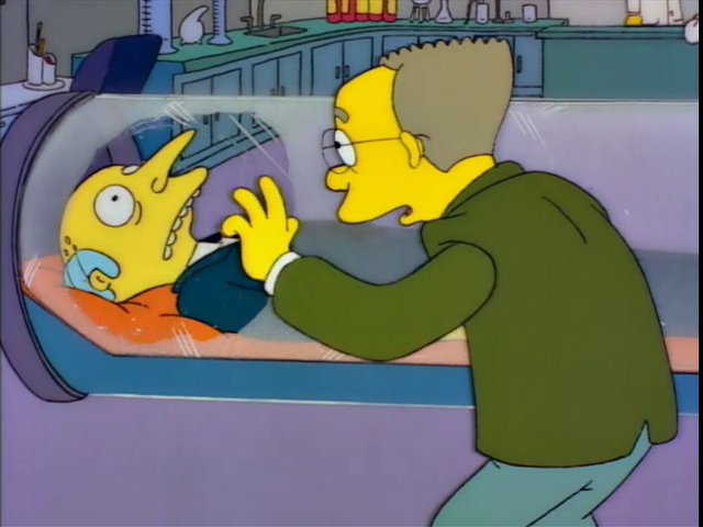 An older Smithers looking at an encapsulated, decased Mr. Burns.