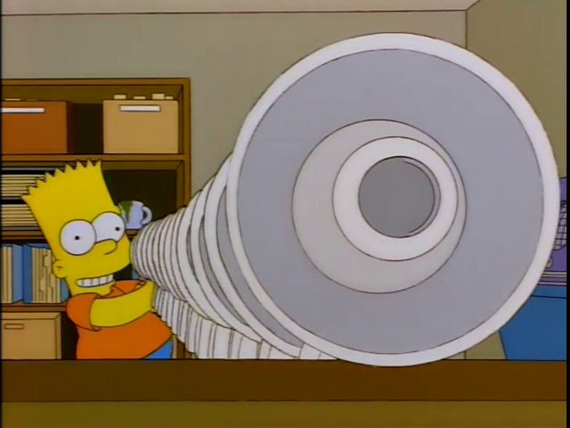 Scene from The Simpsons where Bart lines up a bunch of megaphones