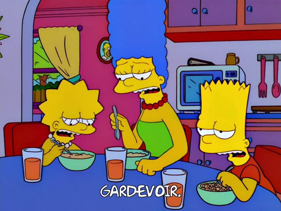 The Simpsons family dejectedly responding, "Gardevoir."